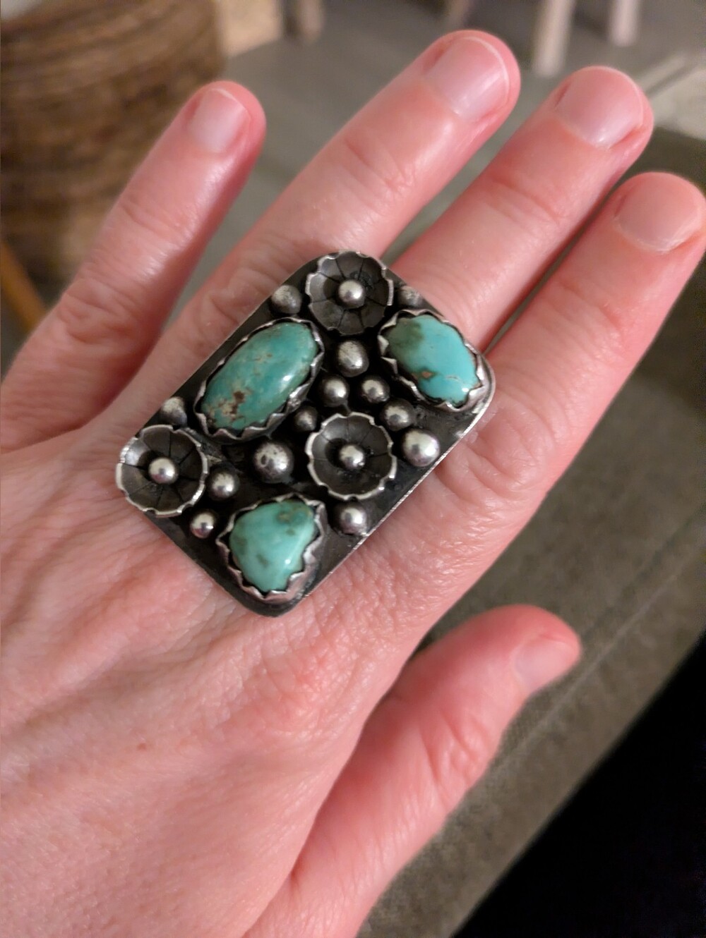 Turquoise Floral Sterling Silver Statement Ring